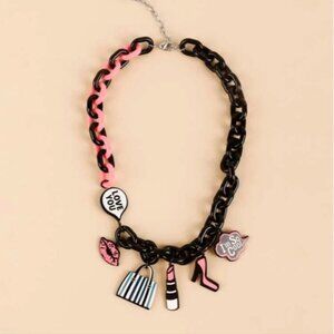 Pink &‎ Black Plastic Eighties Charm Necklace Retro Fun Party Eclectic Jewelery